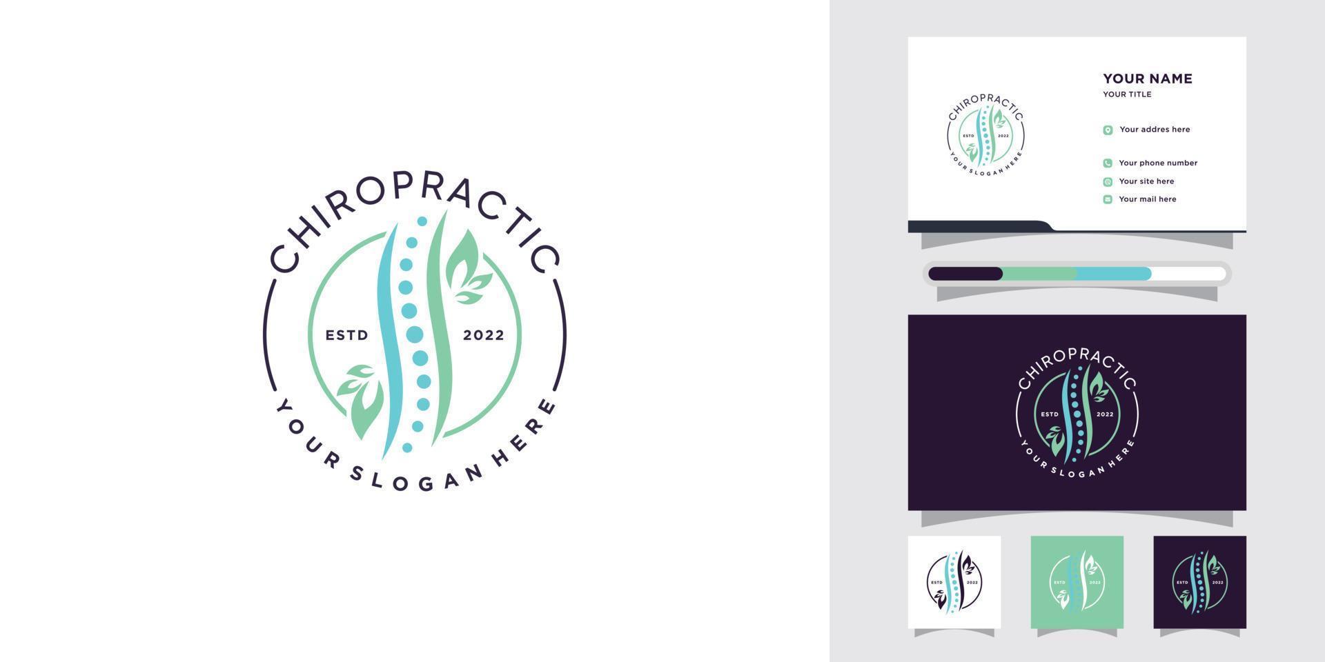 logotipo médico quiropráctico con elemento de hoja y vector premium de tarjeta de visita