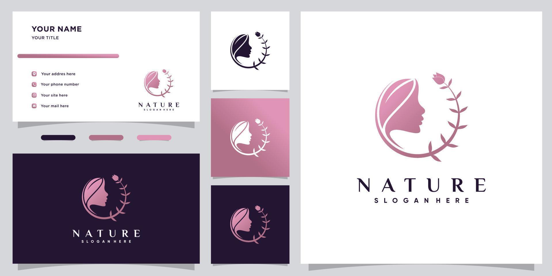 Natural beauty logo design with creative element and business card template Premium Vector