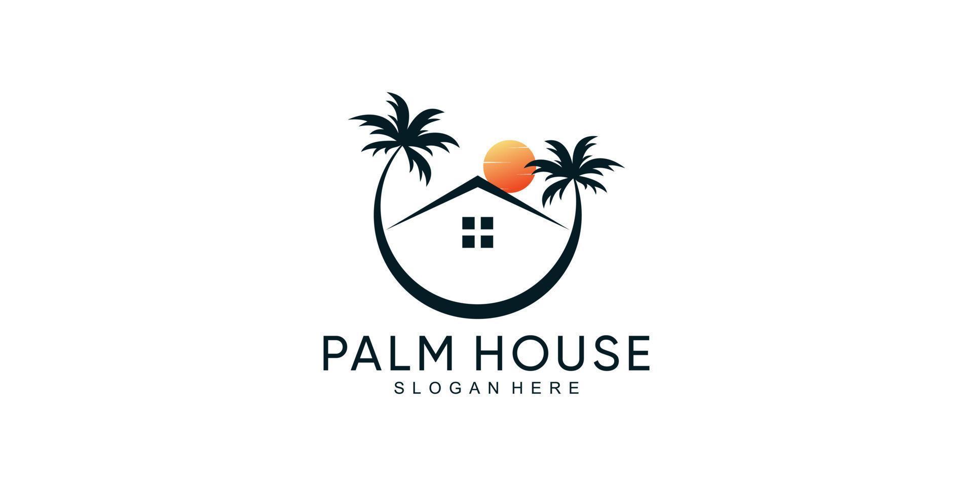 logotipo de icono de palma y casa con árbol de coco y vector premium de concepto moderno