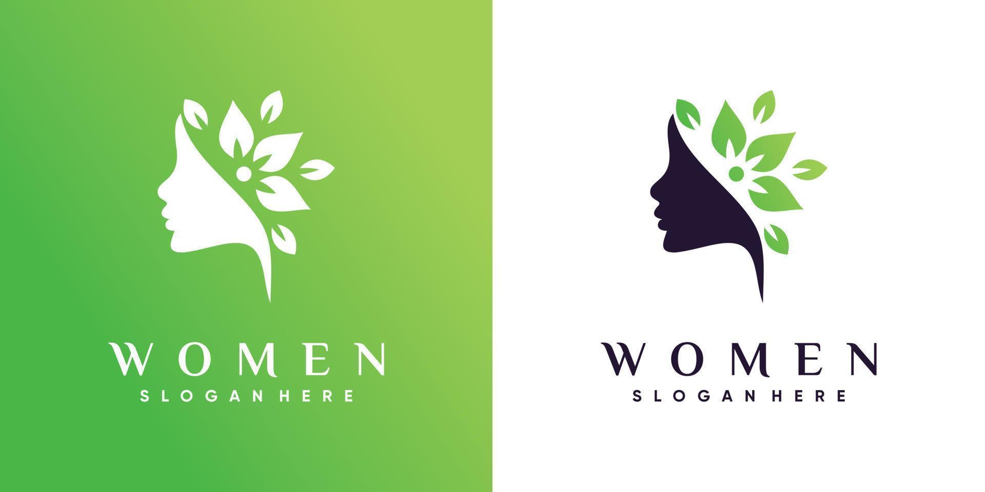 Women face logo design for beauty salon with leaf element Premium Vector