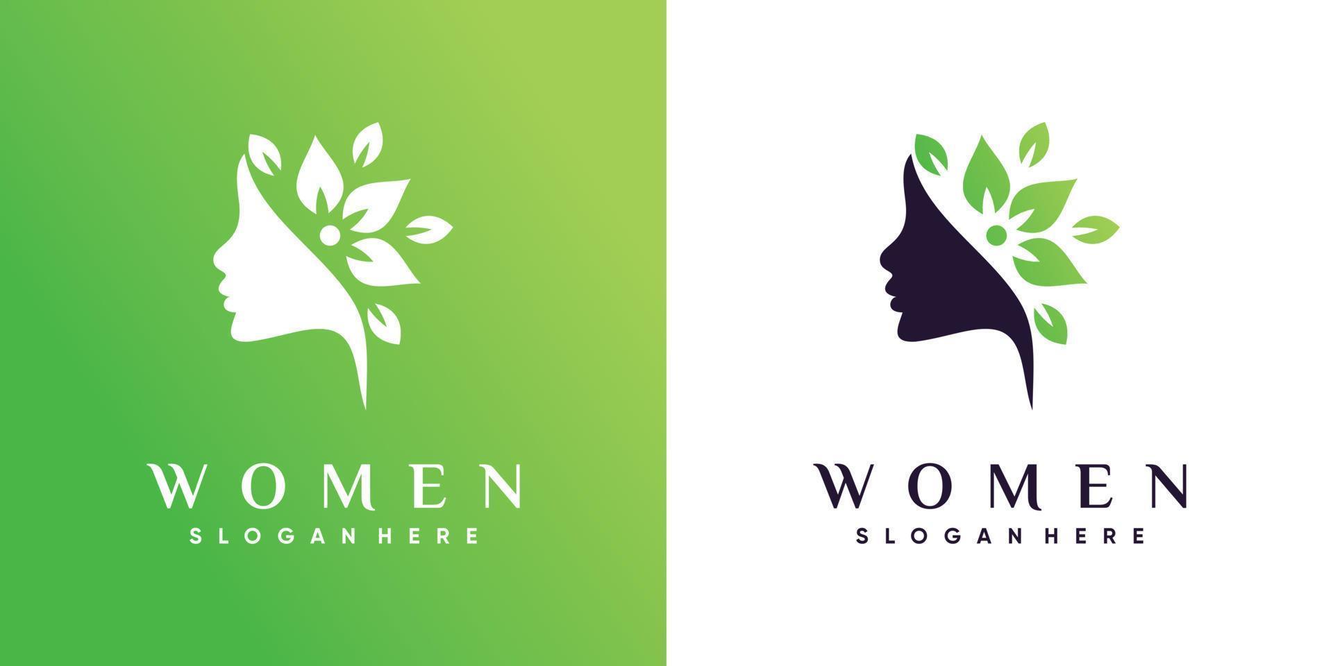 diseño de logotipo de cara de mujer para salón de belleza con vector premium de elemento de hoja