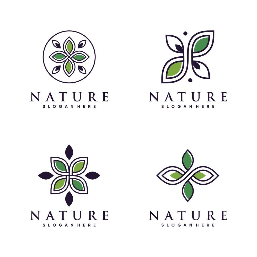 conjunto de diseño de logotipo de naturaleza con arte lineal y vector premium de elemento de hoja