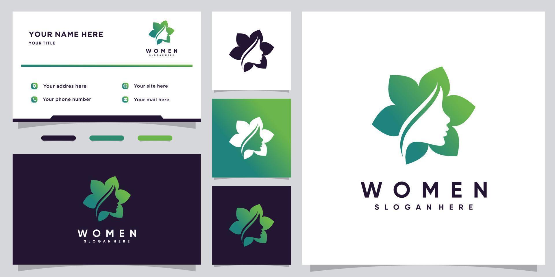 diseño de logotipo de belleza de mujer con elemento de hoja y vector premium de plantilla de tarjeta de visita