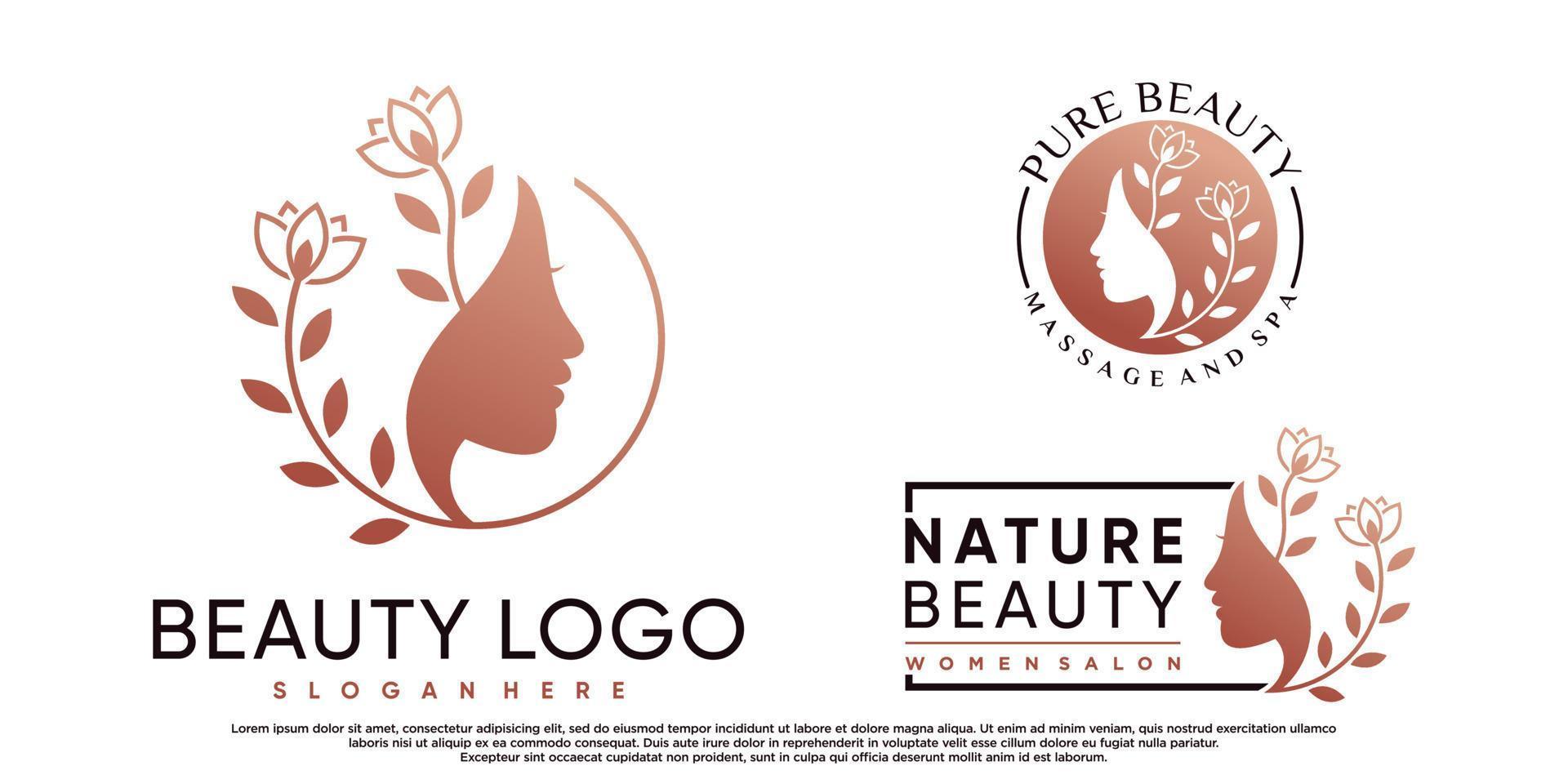 conjunto de colección de diseño de logotipo de salón de belleza con cara de mujer y vector premium de elemento creativo