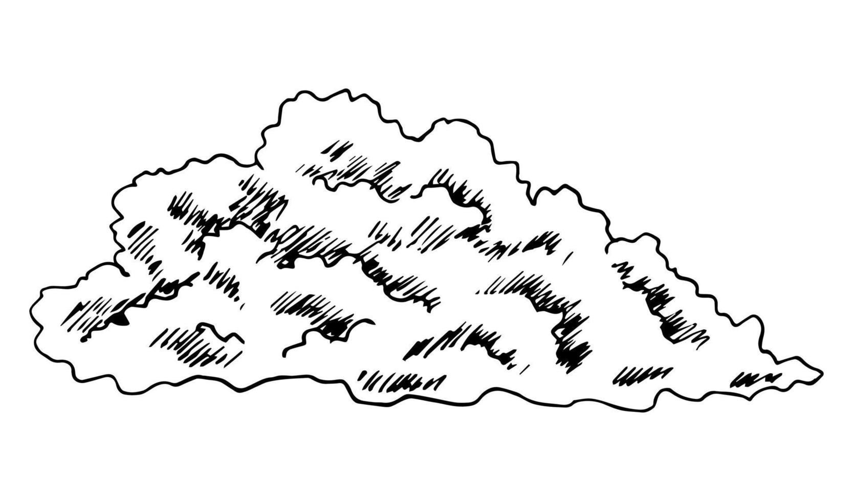 Hand-drawn vector ink drawing in engraving style. Thundercloud, cumulus cloud, storm, windy weather, rainy season. Climate, air, nature.