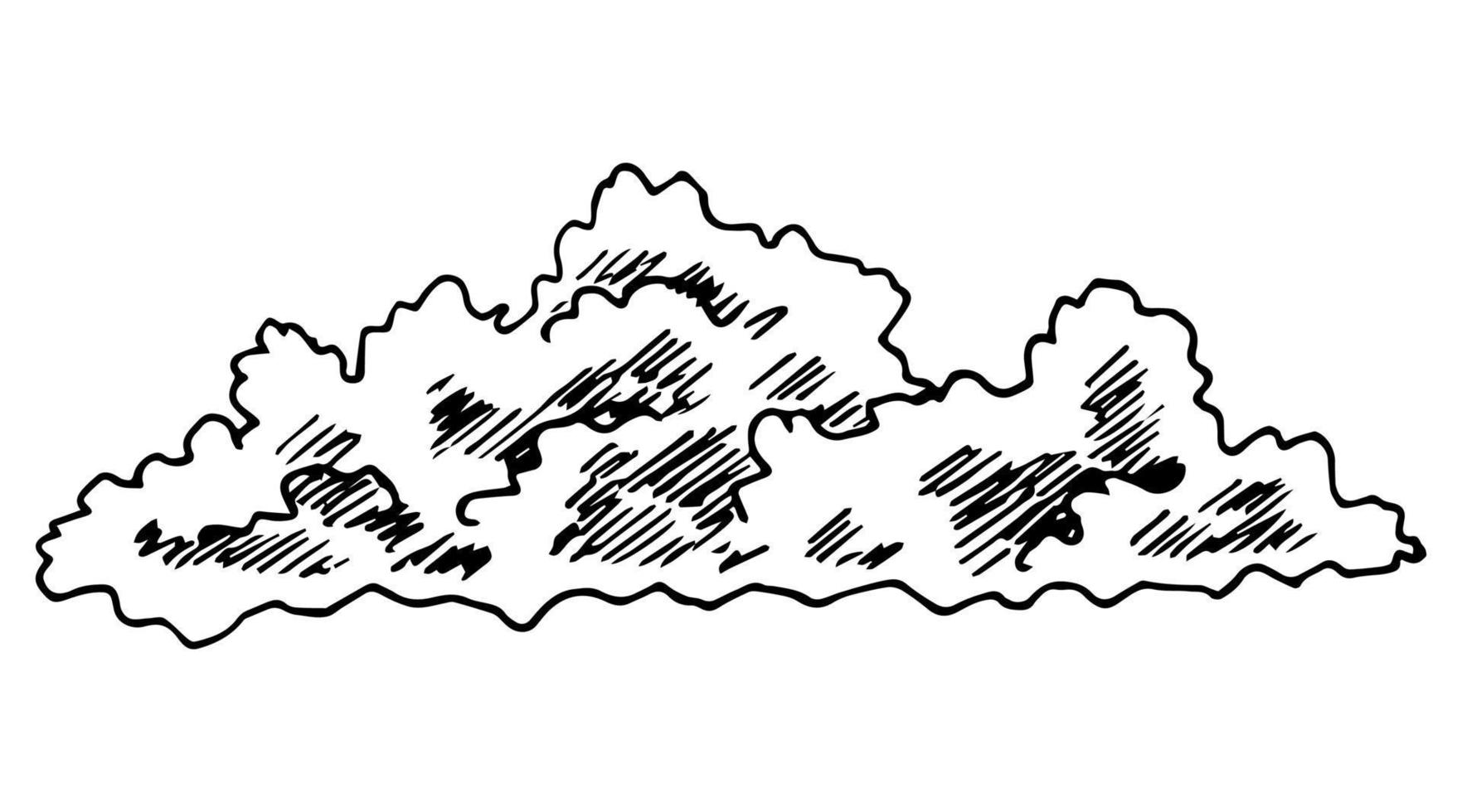 Hand drawn vector drawing of a black outline on a white background. Cumulus clouds, wind, sky, seasonal weather. Element of nature, air, thunderstorm, storm.