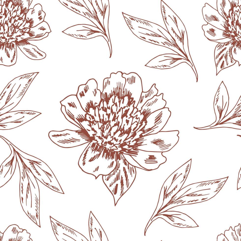 Hand-drawn tender floral vector seamless pattern. Flowers, peony leaves in the engraving style, brown outline on a white background. For prints of fabric, design postcards, packaging, wallpaper.