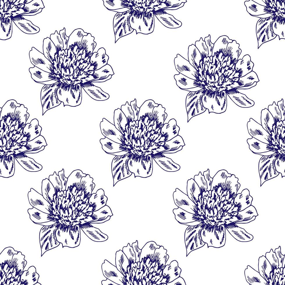 Hand drawn elegant floral vector seamless pattern. Blue contour of a peony flower on a white background. For prints on fabrics, textiles, home decor, bedding, lace.