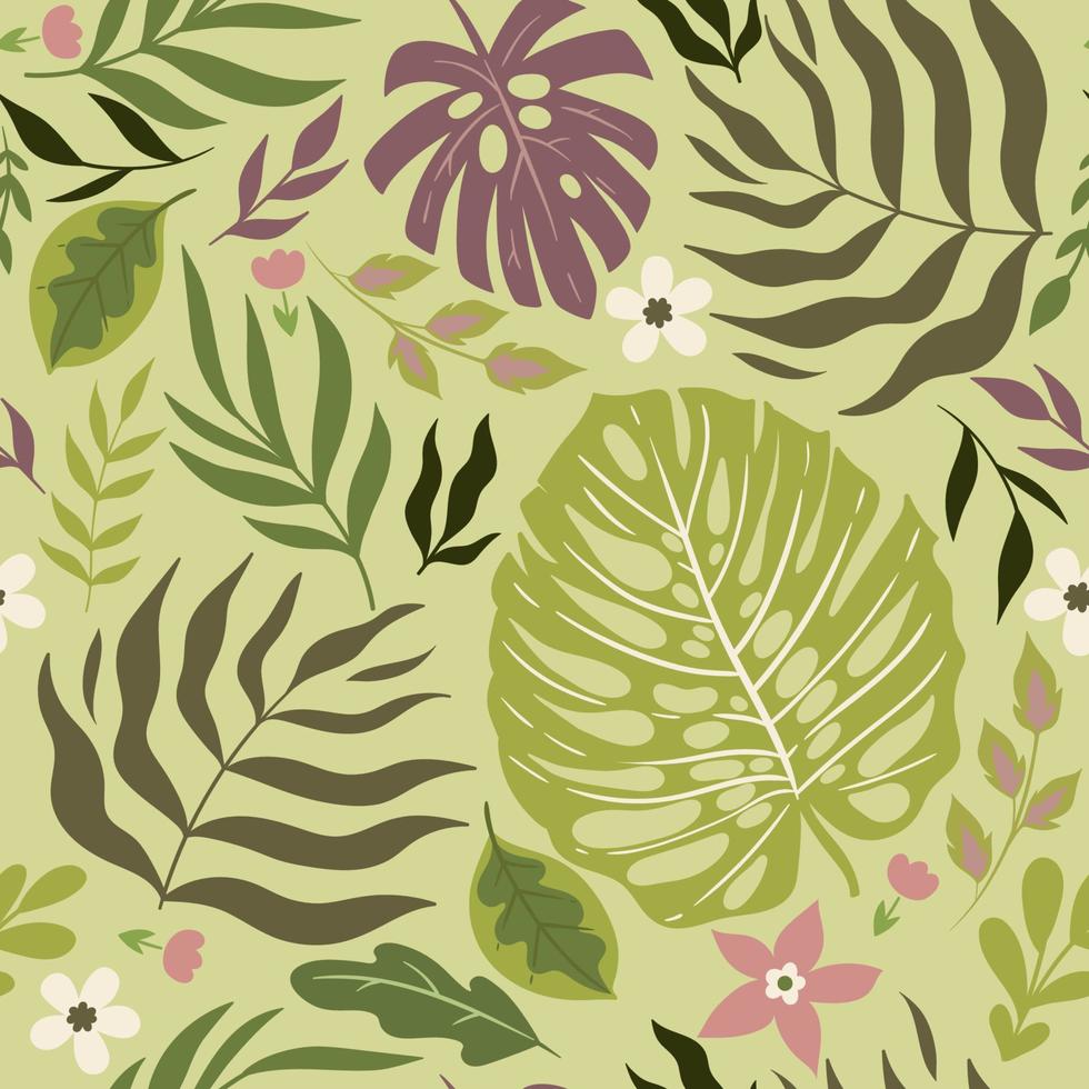 Seamless tropical pattern with leaves and flowers. Vector graphics.