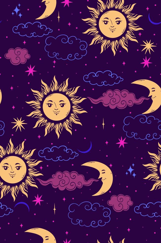 Stars sun and moon seamless pattern. Vector graphics.