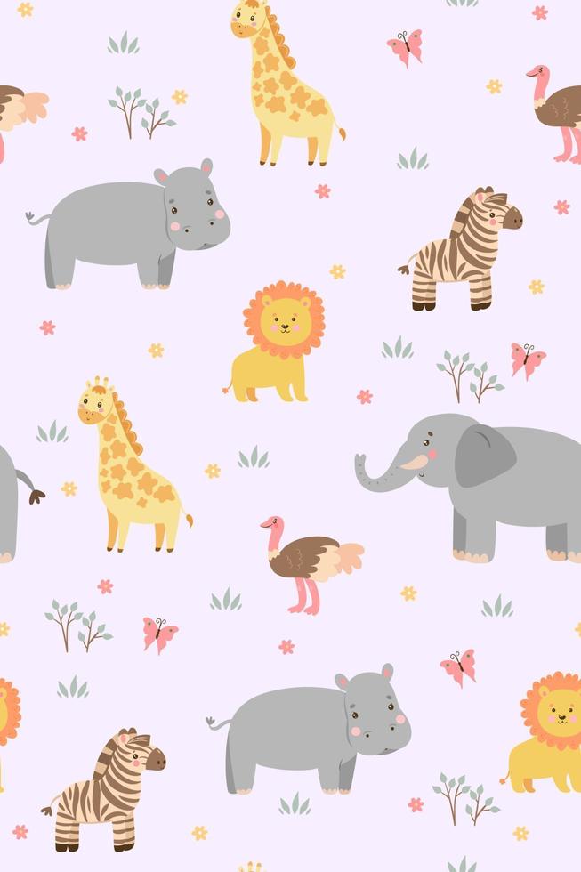 Seamless pattern with cute savanna animals. Vector graphics.
