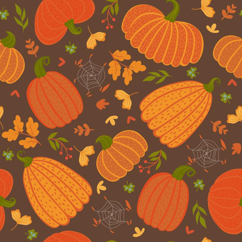 Seamless pattern with pumpkins and leaves. Vector graphics.