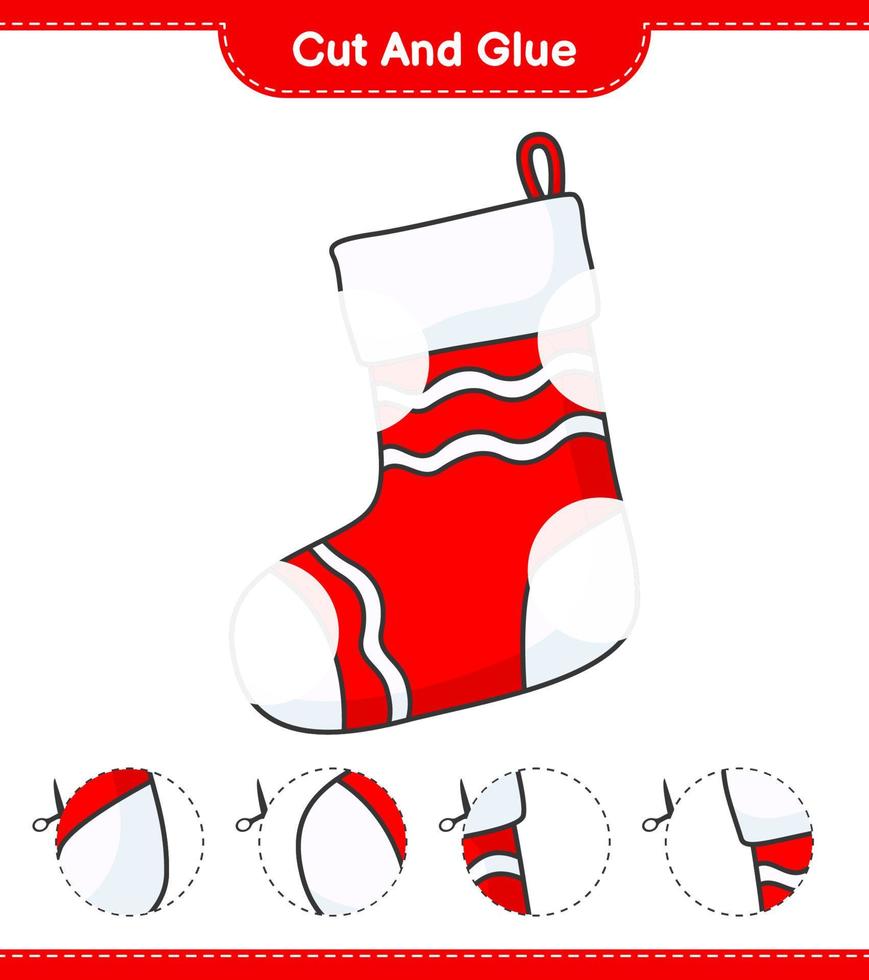 Cut and glue, cut parts of Christmas Sock and glue them. Educational children game, printable worksheet, vector illustration