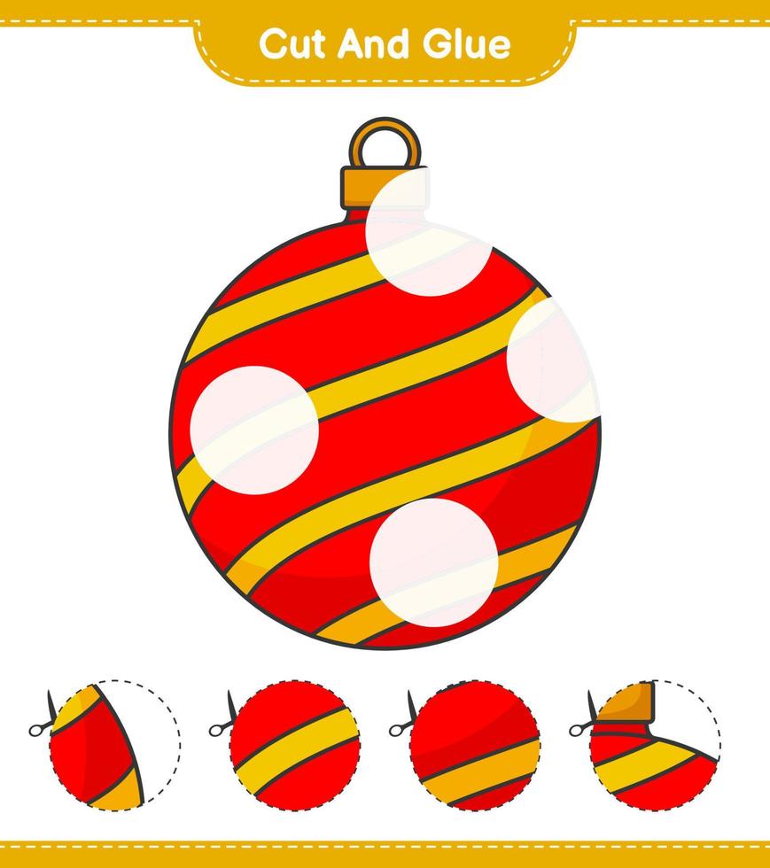 corta y pega, corta partes de la bola de navidad y pégalas. juego educativo para niños, hoja de cálculo imprimible, ilustración vectorial vector