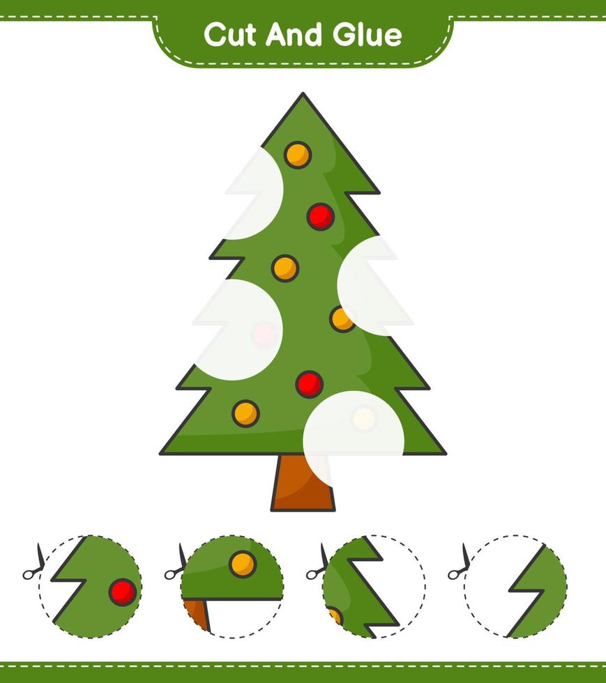 Cut and glue, cut parts of Christmas Tree and glue them. Educational children game, printable worksheet, vector illustration