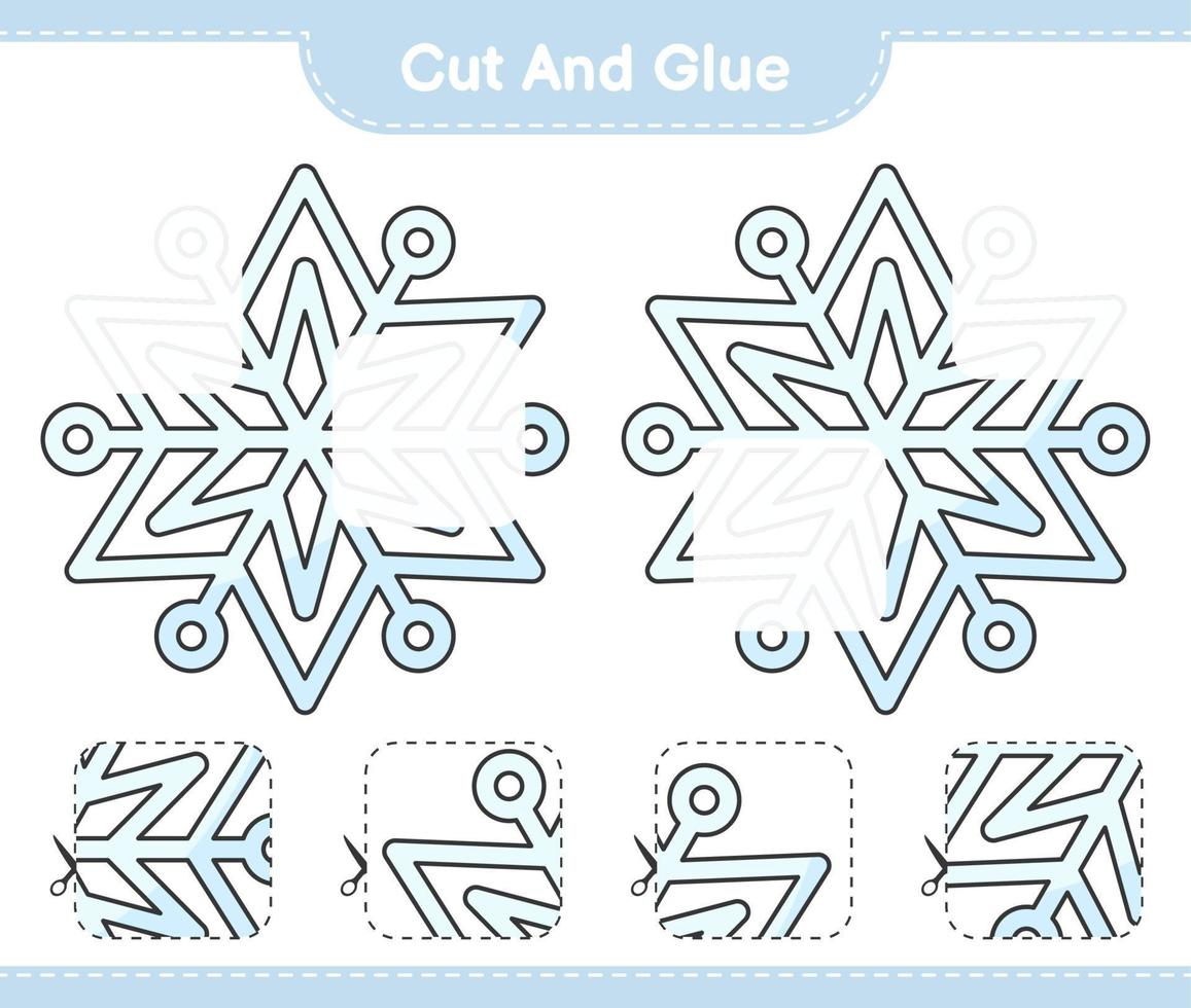 corta y pega, corta partes del copo de nieve y pégalas. juego educativo para niños, hoja de cálculo imprimible, ilustración vectorial vector