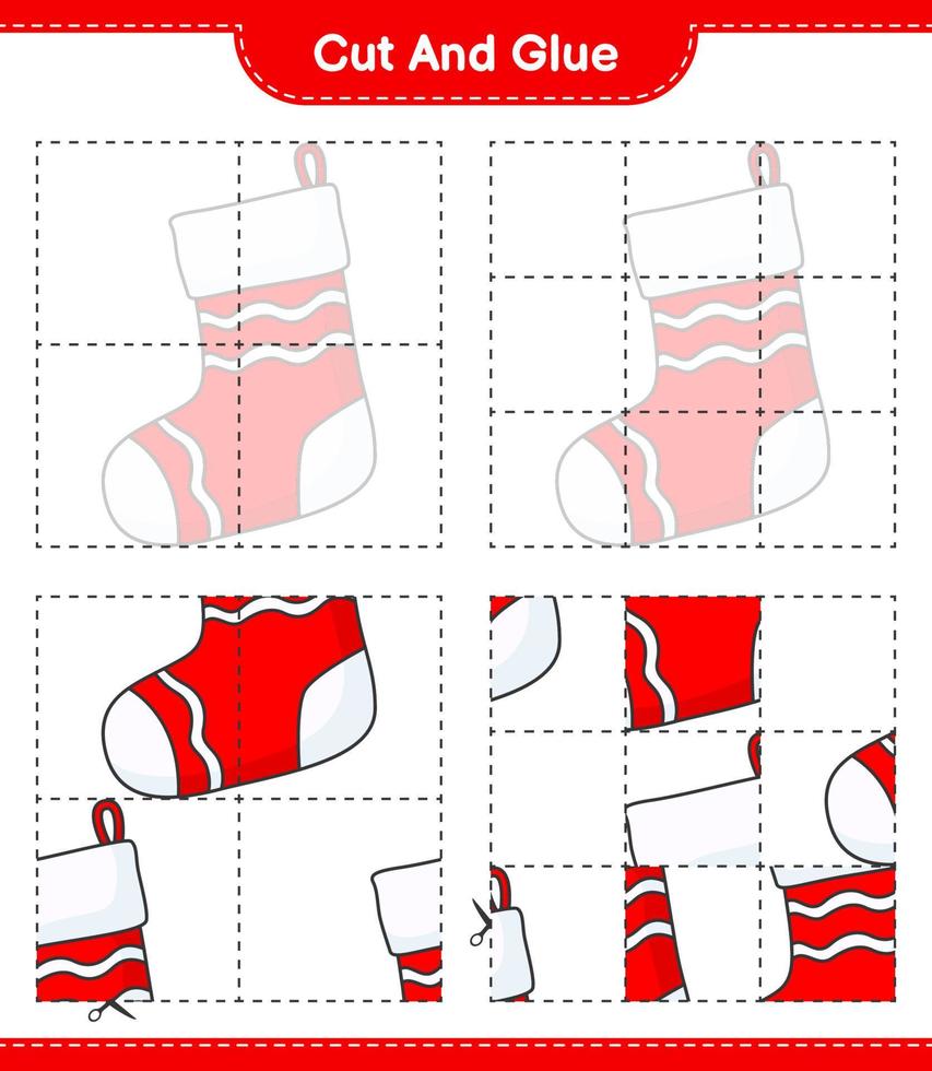 Cut and glue, cut parts of Christmas Sock and glue them. Educational children game, printable worksheet, vector illustration