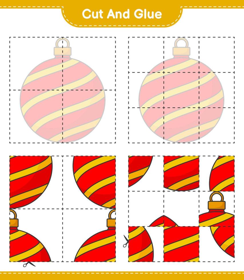 corta y pega, corta partes de la bola de navidad y pégalas. juego educativo para niños, hoja de cálculo imprimible, ilustración vectorial vector