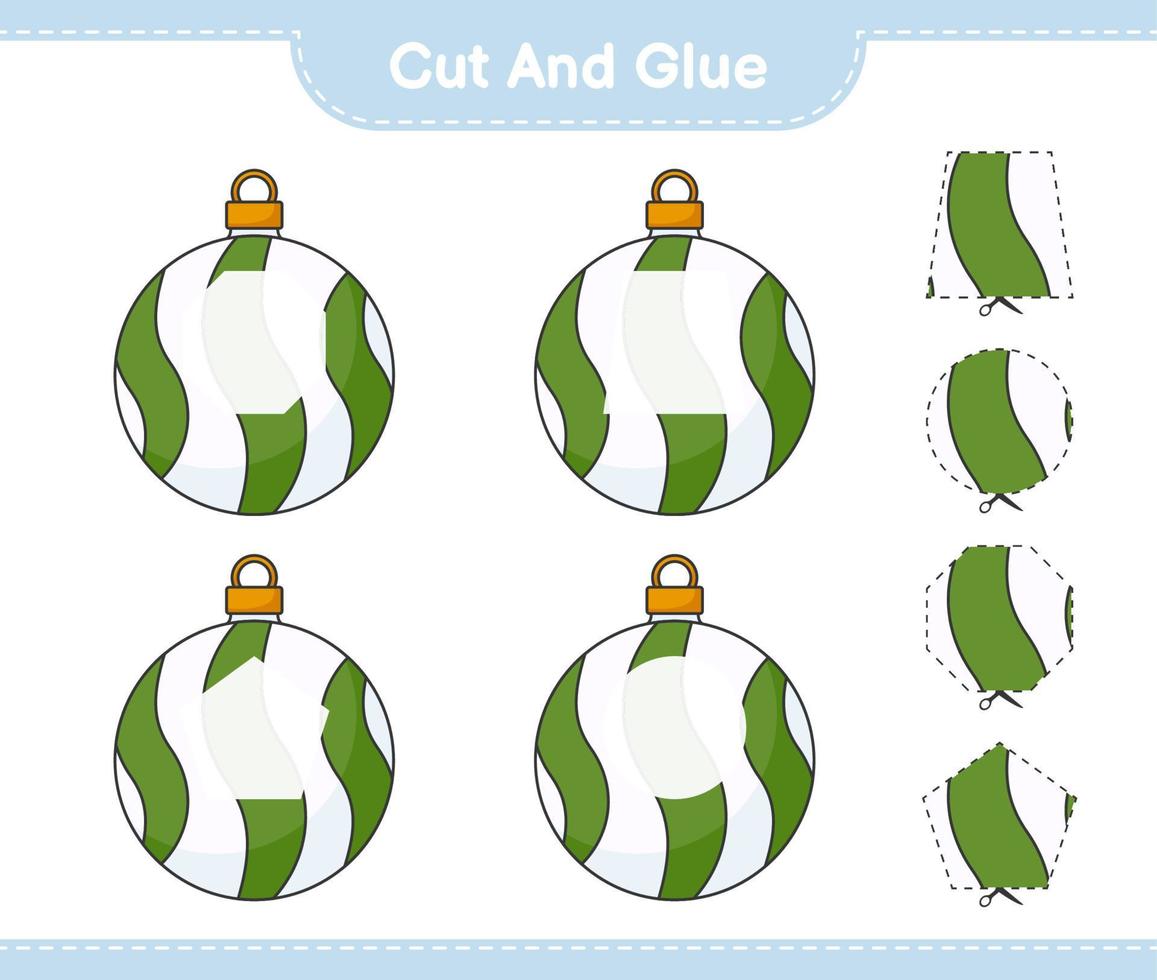 Cut and glue, cut parts of Christmas Ball and glue them. Educational children game, printable worksheet, vector illustration