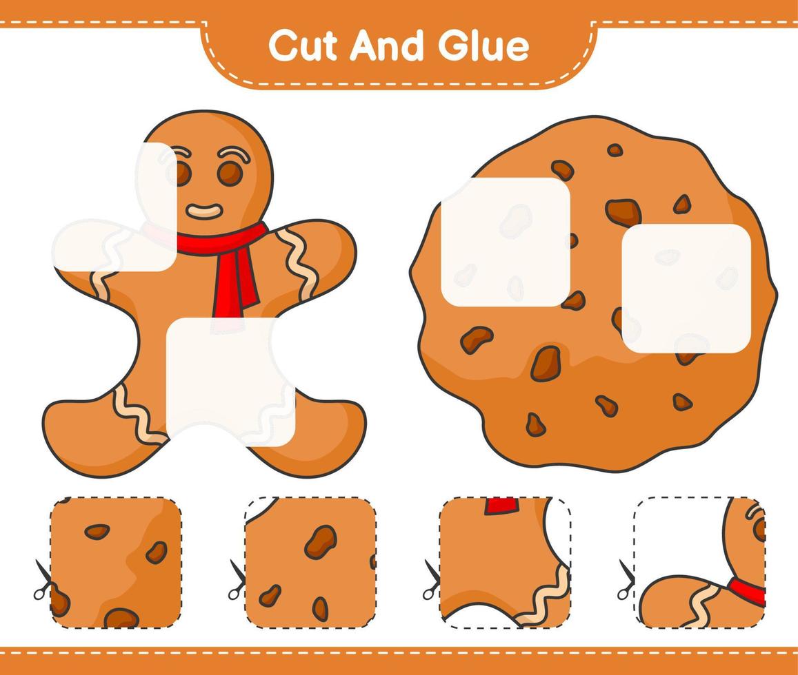 cortar y pegar, cortar partes de pan de jengibre, galletas y pegarlas. juego educativo para niños, hoja de cálculo imprimible, ilustración vectorial vector