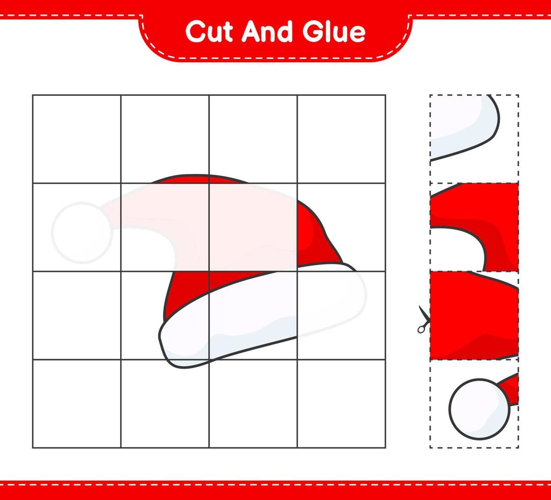 Cut and glue, cut parts of Santa Hat and glue them. Educational children game, printable worksheet, vector illustration