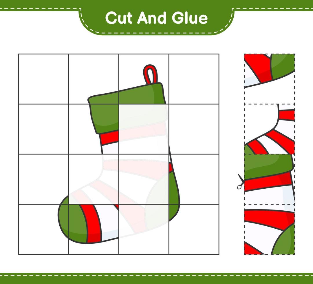 Cut and glue, cut parts of Christmas Sock and glue them. Educational children game, printable worksheet, vector illustration