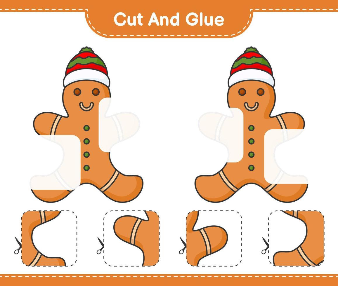 Cut and glue, cut parts of Gingerbread Man and glue them. Educational children game, printable worksheet, vector illustration