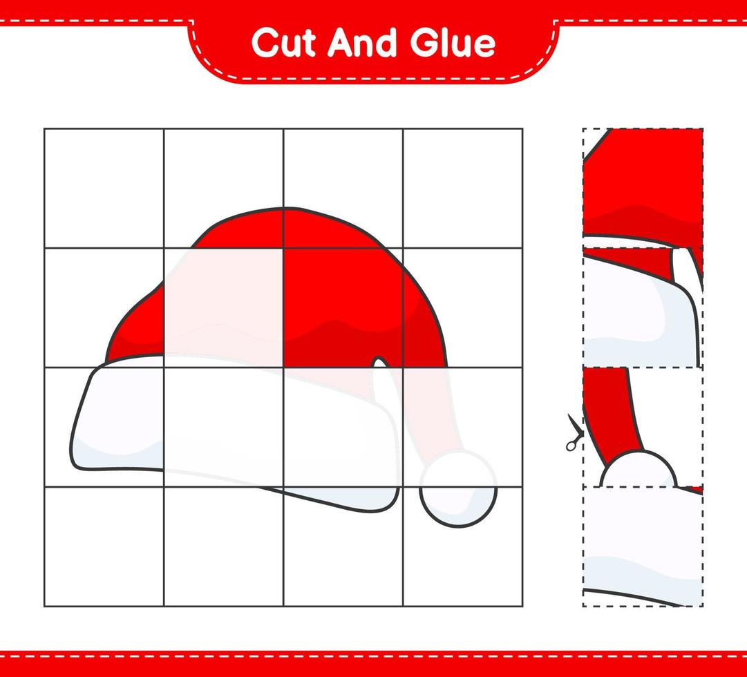 Cut and glue, cut parts of Santa Hat and glue them. Educational children game, printable worksheet, vector illustration