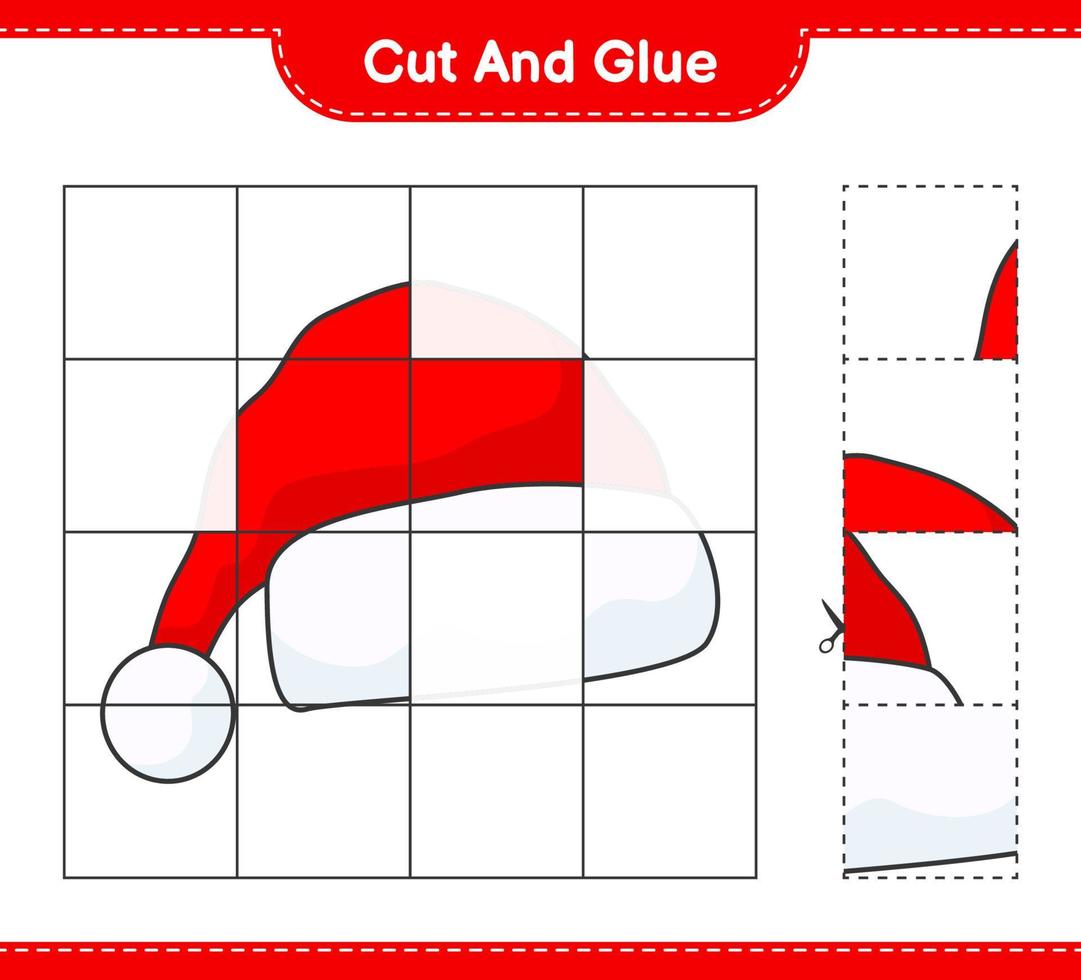 Cut and glue, cut parts of Santa Hat and glue them. Educational children game, printable worksheet, vector illustration