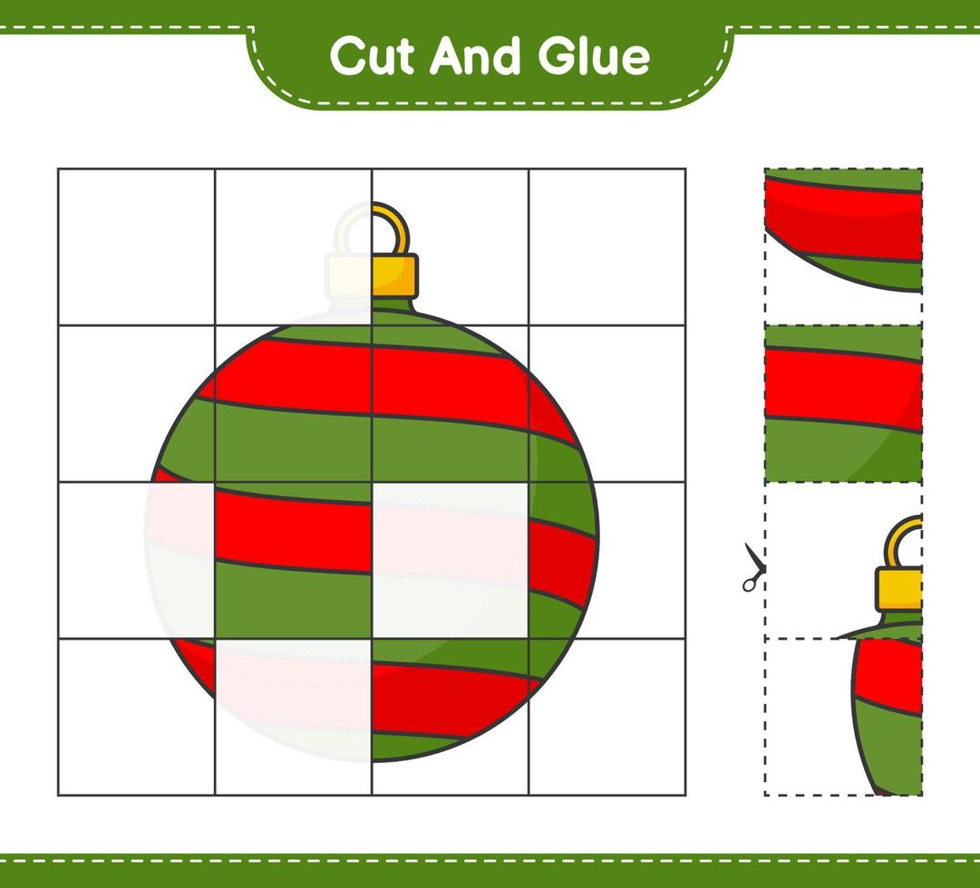 Cut and glue, cut parts of Christmas Ball and glue them. Educational children game, printable worksheet, vector illustration