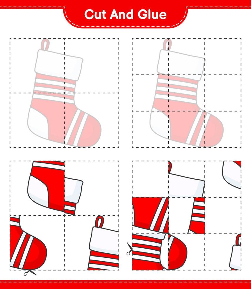 Cut and glue, cut parts of Christmas Sock and glue them. Educational children game, printable worksheet, vector illustration