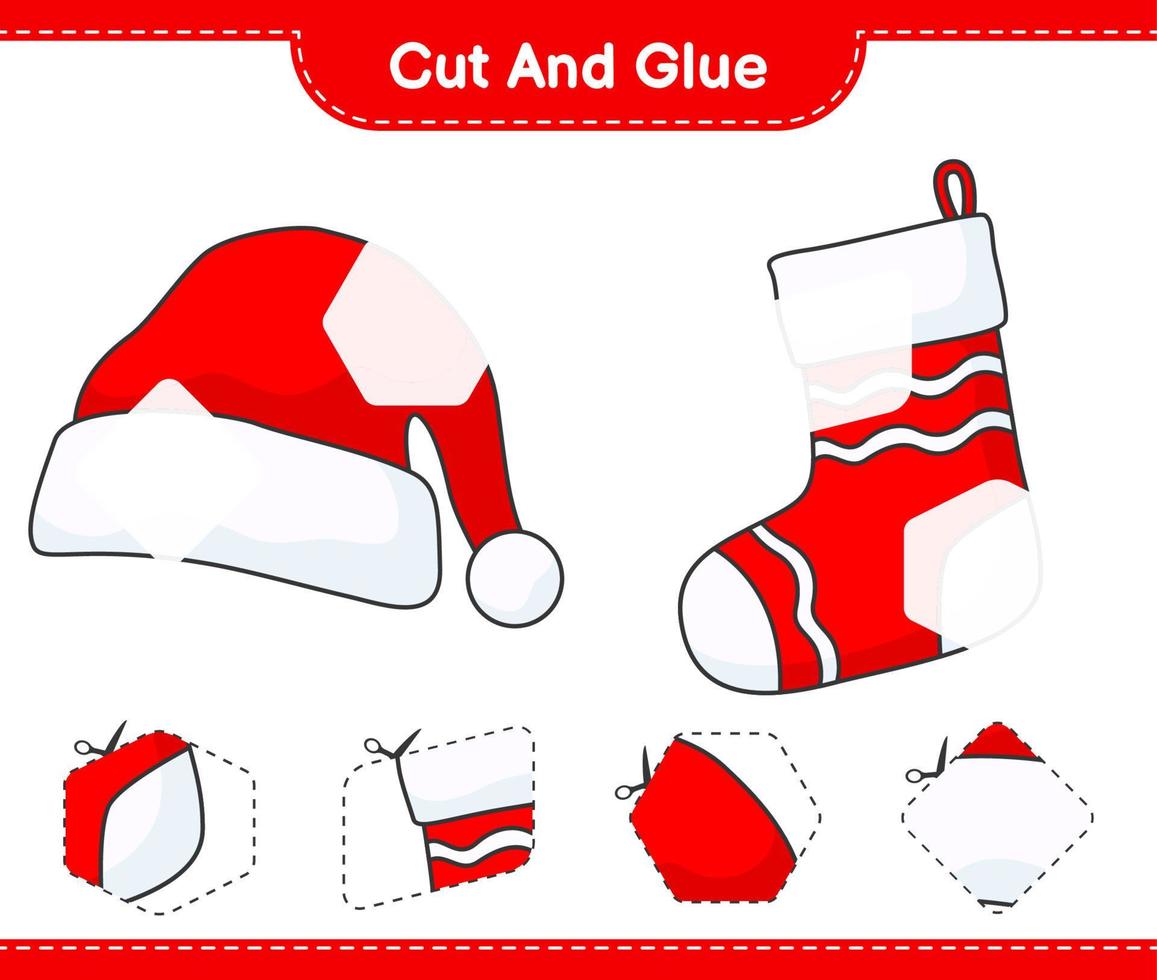 Cut and glue, cut parts of Santa Hat, Christmas Sock and glue them. Educational children game, printable worksheet, vector illustration