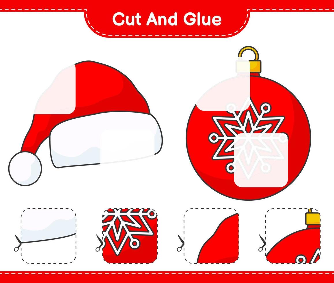 Cut and glue, cut parts of Christmas Ball, Santa Hat and glue them. Educational children game, printable worksheet, vector illustration