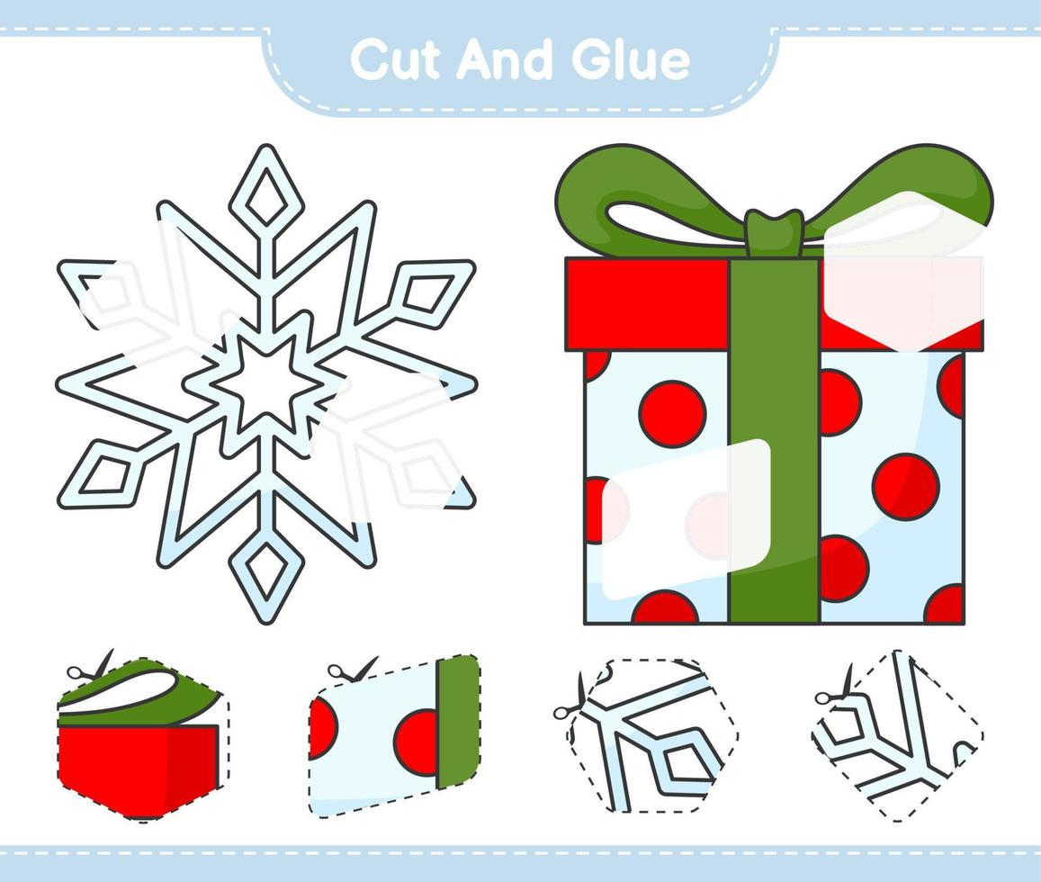 corte y pegue, corte partes de copos de nieve, cajas de regalo y péguelas. juego educativo para niños, hoja de cálculo imprimible, ilustración vectorial vector