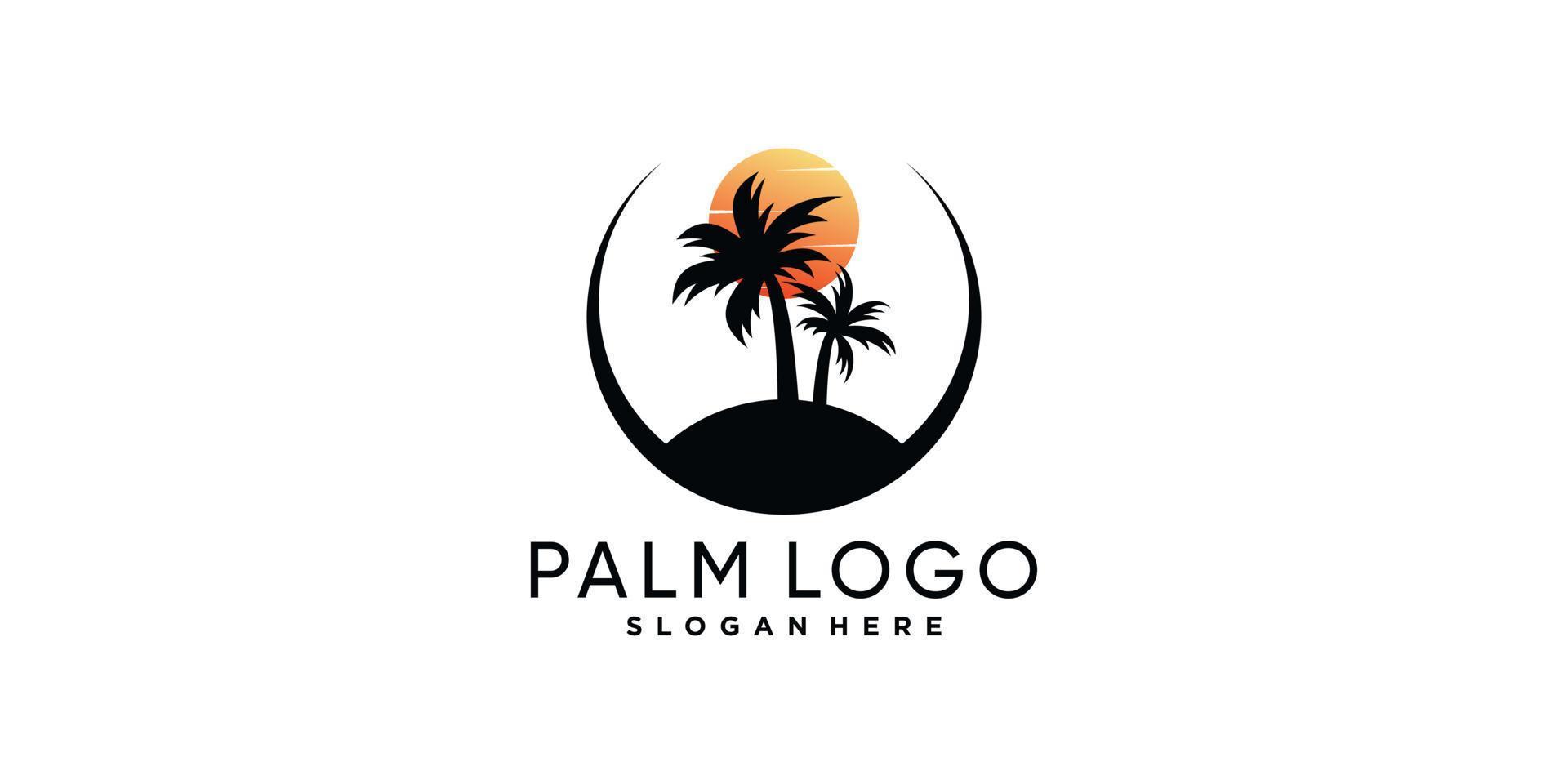 Palm tree logo design template with sun Premium Vector