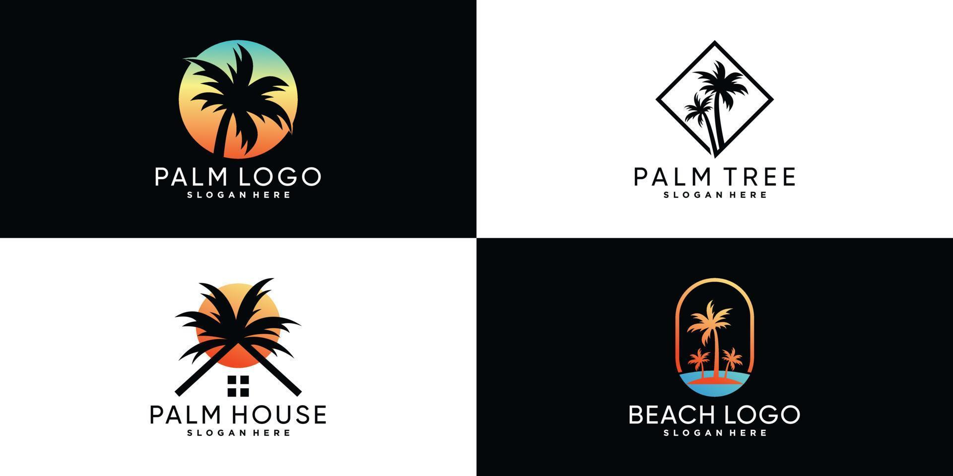 Palm tree or palm beach icon set logo design with creative element Premium Vector