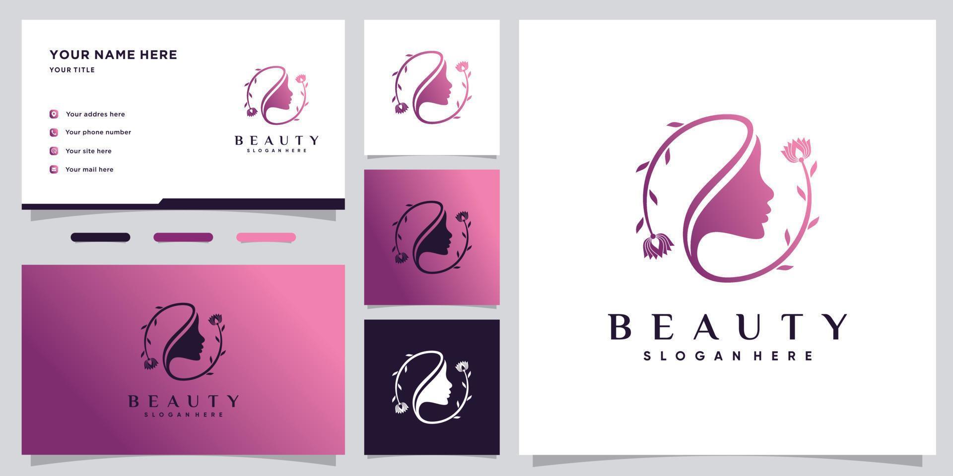 Beauty logo design icon for beauty salon with business card template Premium Vector