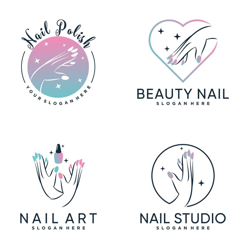 Set of collection nail polish or nail art icon logo design with creative element Premium Vector