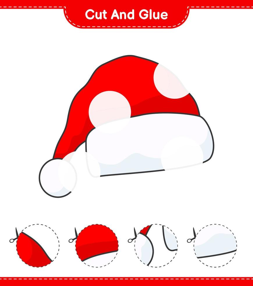 Cut and glue, cut parts of Santa Hat and glue them. Educational children game, printable worksheet, vector illustration