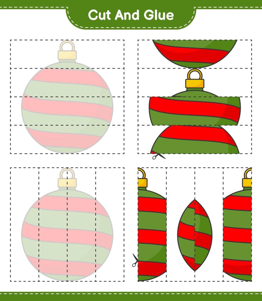 corta y pega, corta partes de la bola de navidad y pégalas. juego educativo para niños, hoja de cálculo imprimible, ilustración vectorial vector