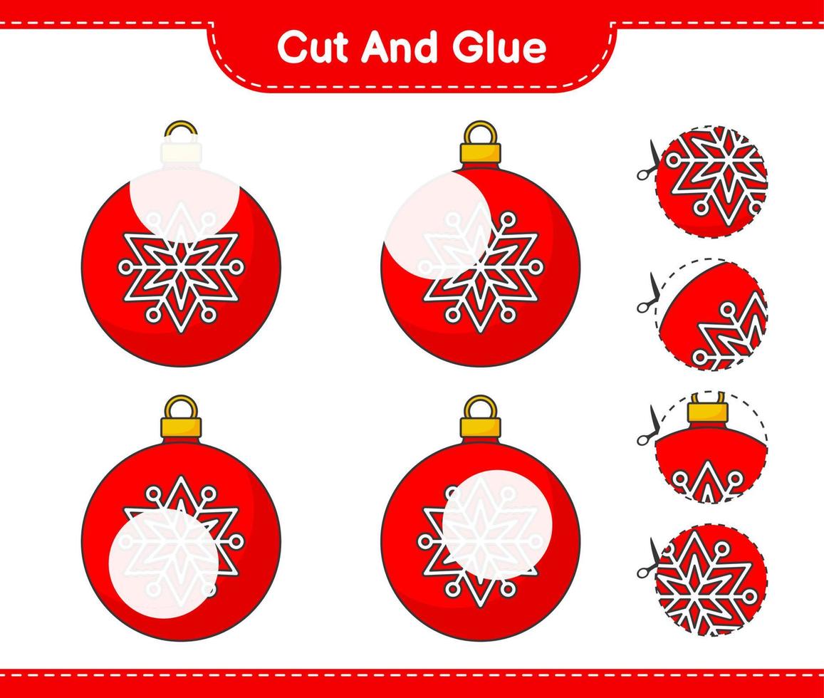 Cut and glue, cut parts of Christmas Ball and glue them. Educational children game, printable worksheet, vector illustration