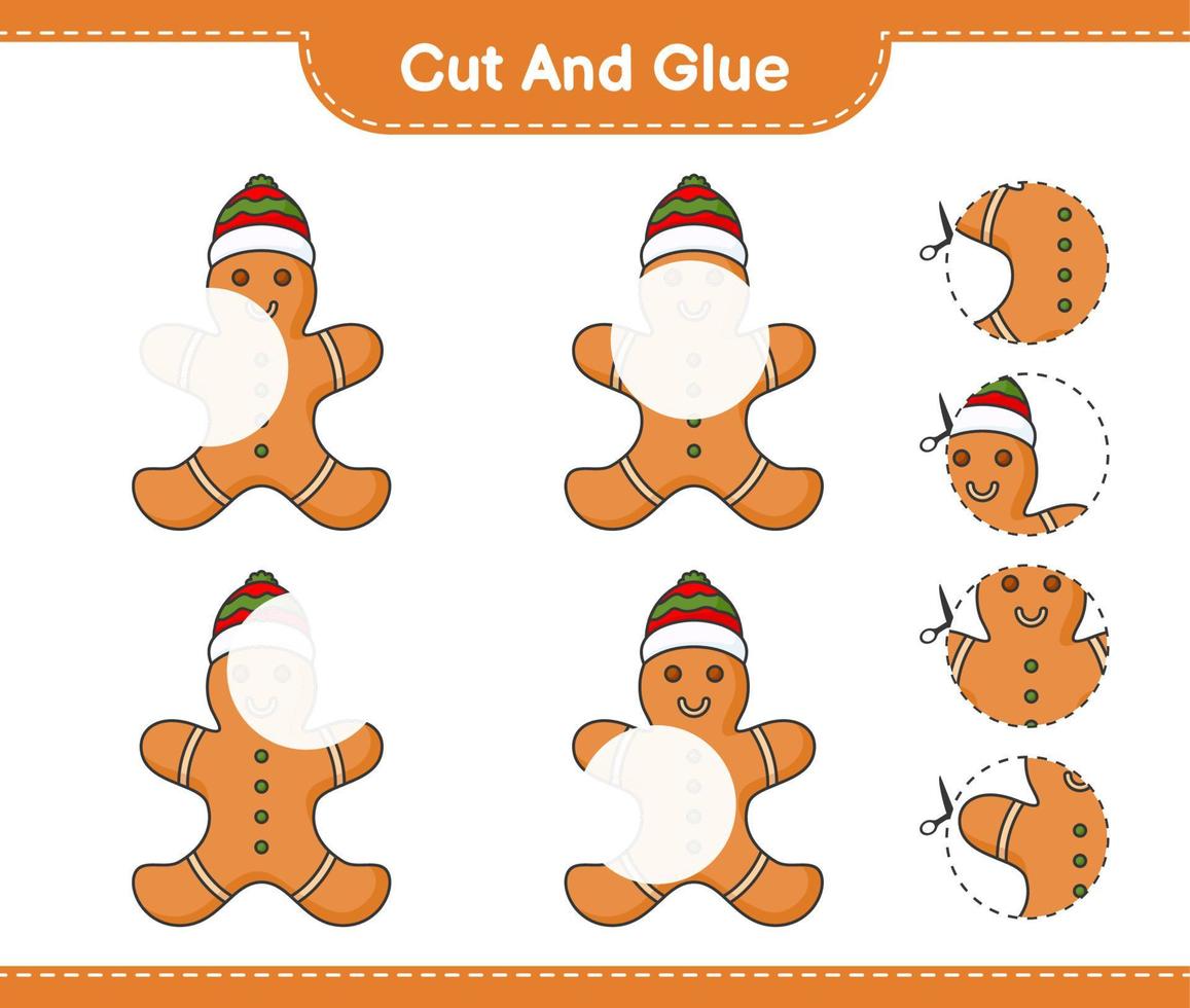 Cut and glue, cut parts of Gingerbread Man and glue them. Educational children game, printable worksheet, vector illustration