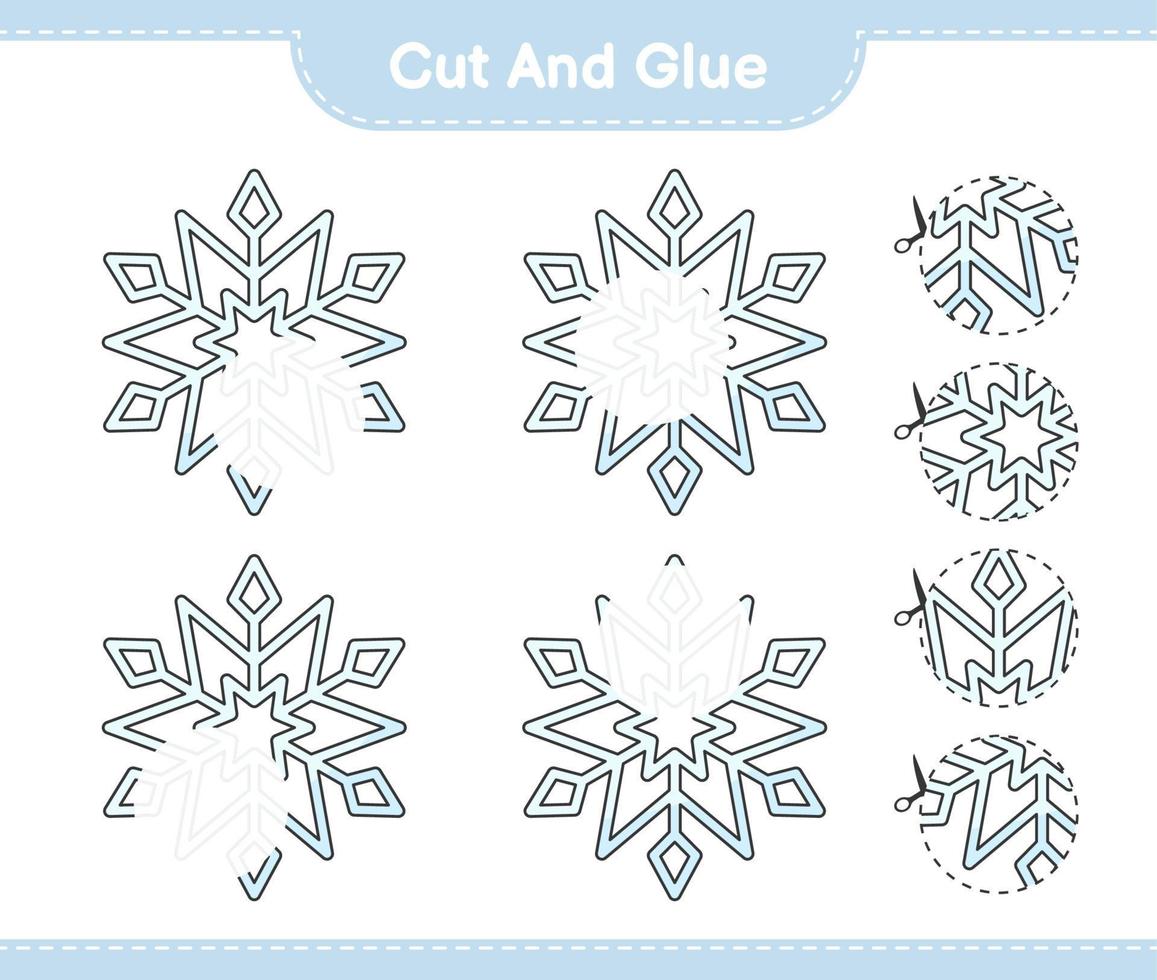 corta y pega, corta partes del copo de nieve y pégalas. juego educativo para niños, hoja de cálculo imprimible, ilustración vectorial vector