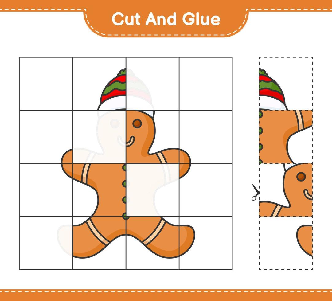 Cut and glue, cut parts of Gingerbread Man and glue them. Educational children game, printable worksheet, vector illustration