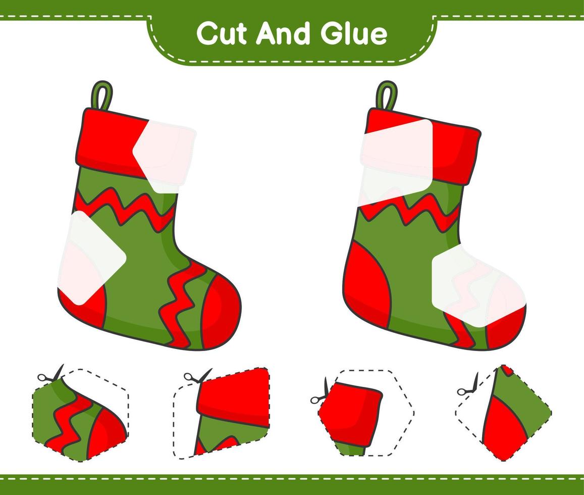 Cut and glue, cut parts of Christmas Sock and glue them. Educational children game, printable worksheet, vector illustration