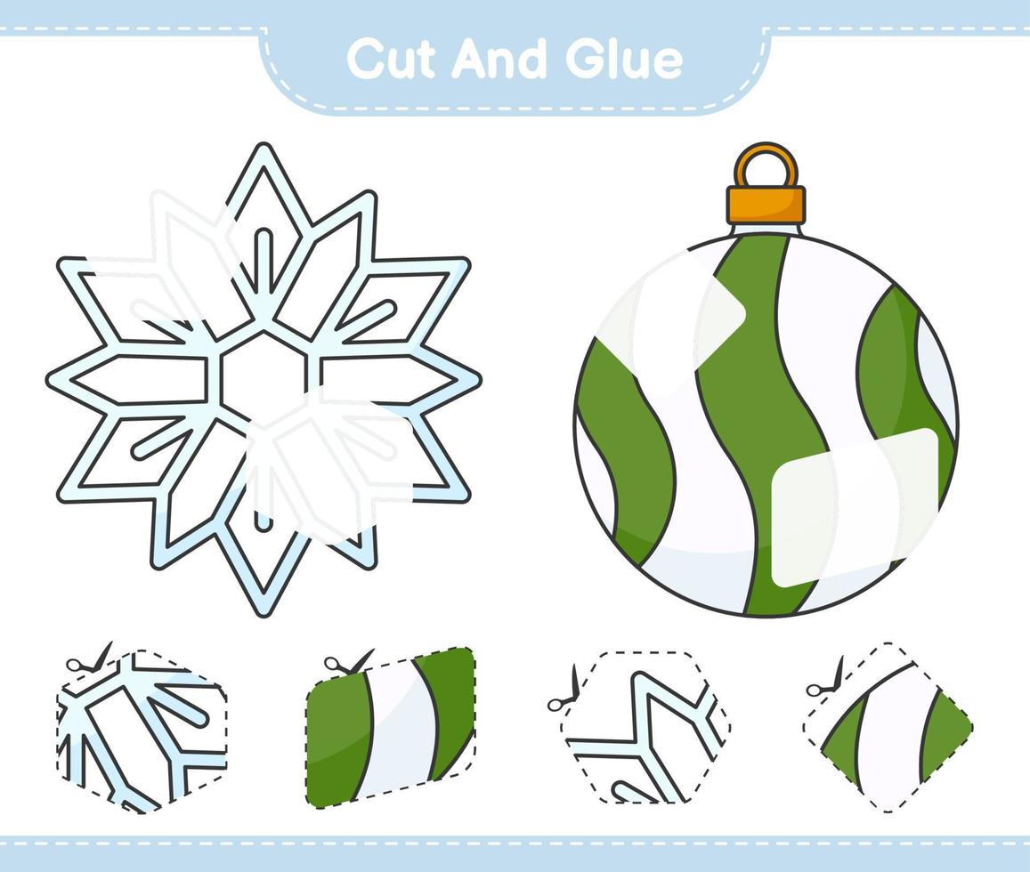 Cut and glue, cut parts of Snowflake, Christmas Ball and glue them. Educational children game, printable worksheet, vector illustration