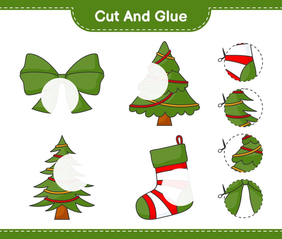 Cut and glue, cut parts of Christmas Tree, Ribbon, Christmas Sock and glue them. Educational children game, printable worksheet, vector illustration