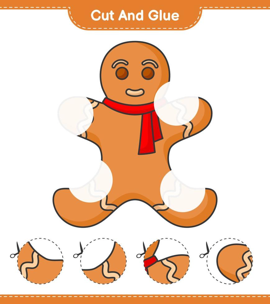 corta y pega, corta partes del hombre de pan de jengibre y pégalas. juego educativo para niños, hoja de cálculo imprimible, ilustración vectorial vector