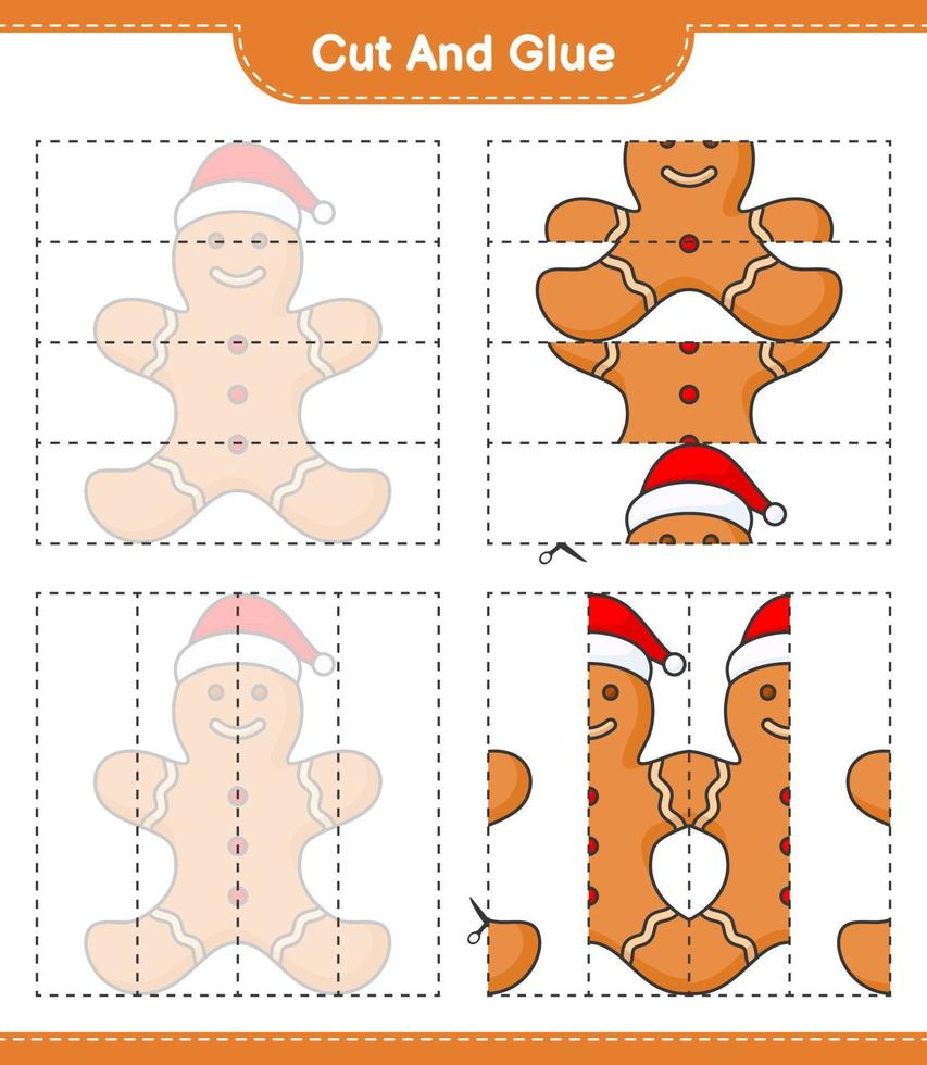 Cut and glue, cut parts of Gingerbread Man and glue them. Educational children game, printable worksheet, vector illustration