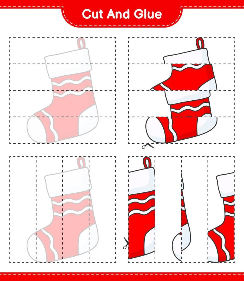 Cut and glue, cut parts of Christmas Sock and glue them. Educational children game, printable worksheet, vector illustration